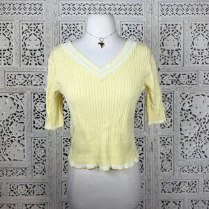 Y2k Pastel‎ Yellow V Neck Cable Knit Sweater Sz S Short Sleeve Preppy Old Money